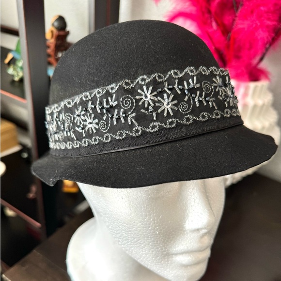 Beaded Black Wool Cloche Hat main image 8
